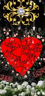 Artistic wallpaper with red heart and floral elements