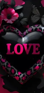 Heart-shaped love design with flowers and butterfly in pink and black.