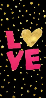 Bold pink love with gold heart on black with gold dots.