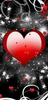 Red heart with sparkles on a black background wallpaper.