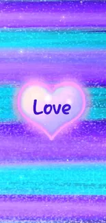 Vibrant wallpaper with a glowing love heart on purple and blue background.