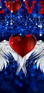 Red heart with wings on blue background.