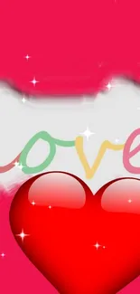 Vibrant love design with glossy heart and sparkles on a red background.