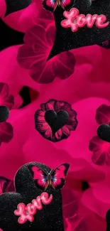 Vibrant pink love and butterfly wallpaper design.