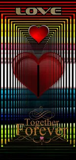 Abstract red hearts with 'Together Forever' text on a colorful background.