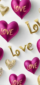 Pink and gold love hearts wallpaper with a romantic design.