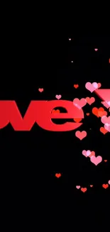 Romantic 'love' wallpaper with red and pink hearts on black background.