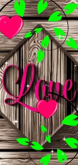 Love-themed wallpaper with pink hearts on a wooden background and green leaves.