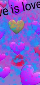 Colorful 'Love is Love' heart-themed mobile wallpaper.