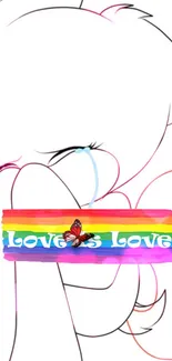 Line art with rainbow 'Love Is Love' banner and butterfly.