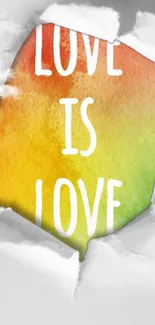 Love is Love wallpaper with vibrant rainbow and torn paper effect.