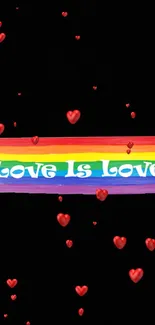 Vibrant "Love Is Love" rainbow on black background smartphone wallpaper.
