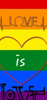Rainbow wallpaper with 'Love is Love' message and heart design for pride support.