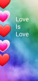 Vibrant rainbow wallpaper with hearts and 'Love is Love' text.