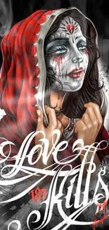 Gothic art wallpaper with red hooded figure and 'Love Kills' text.