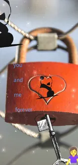 Red love lock with heart design and key symbol.