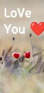 Love you message with red poppies and heart icon in nature setting.