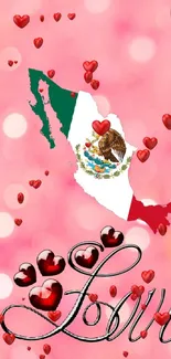 Love-themed wallpaper with Mexican map and hearts on pink.