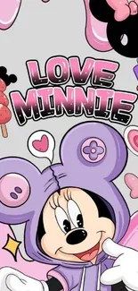 Minnie Mouse in a purple hoodie with cute cartoon elements.