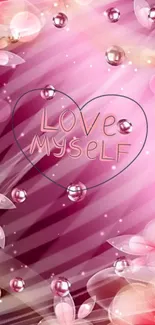 Love Myself text with pink floral background.