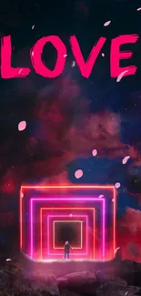 Mobile wallpaper with neon pink love and galaxy art.