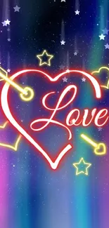 Neon heart and stars with love text in galaxy theme.