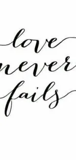 Minimalist black and white typography wallpaper featuring 'Love Never Fails'.