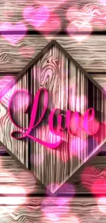 Wallpaper with 'Love' text on a wooden background.