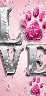 Chrome 'LOVE' with pink paw prints and bubbles wallpaper.