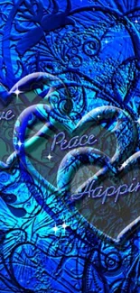 Vibrant blue wallpaper with hearts featuring words Love, Peace, and Happiness.