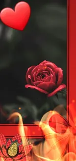 Romantic mobile wallpaper with a red rose, heart, and fiery design.