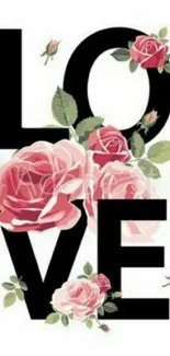 Love typography with pink roses on a white background, mobile wallpaper.