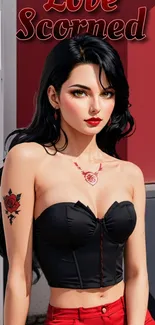 Gothic anime girl with black hair and tattoos in stylish outfit.