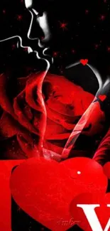 Romantic red silhouette wallpaper with roses and hearts for mobile.