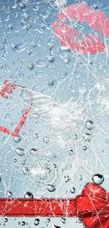 Romantic wallpaper with shattered glass, raindrops, and red ribbon accents.