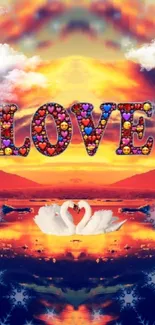 Romantic sunset wallpaper with swans and 'LOVE' text.