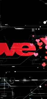 Black wallpaper with red 'Love You' text and digital hearts.