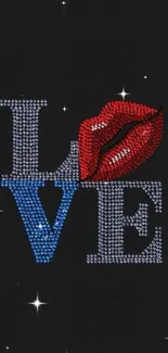 LOVE text with red lips on black background.