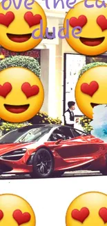 Red sports car with heart-eye emojis background.