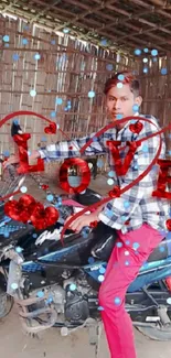 Man with motorcycle and love-themed decorations.