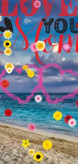 Tropical beach scene with 'Love You Mom' text and heart designs.