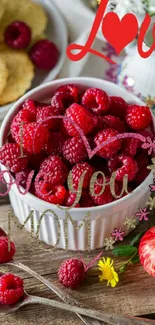 Red raspberries with 'Love You Mom' text and flowers in a bowl.