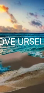 Beach sunset with 'Love Yourself' text overlay.