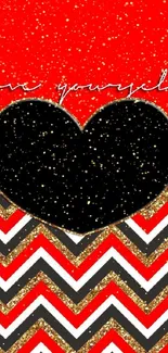 Red and black heart wallpaper with chevron pattern.