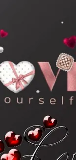 Love Yourself heart-themed wallpaper with chocolates.