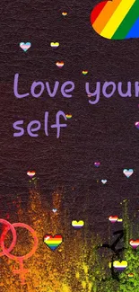 Love Yourself LGBTQ rainbow heart wallpaper with vibrant colors.