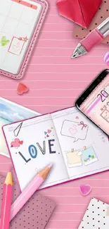 Pink aesthetic wallpaper with notebook and love design.