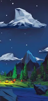 Low poly art of a night landscape with mountains and campfire.