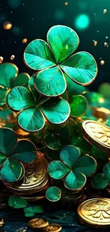 Green clovers and gold coins wallpaper.