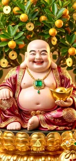 Golden Buddha with coins and oranges for prosperity.